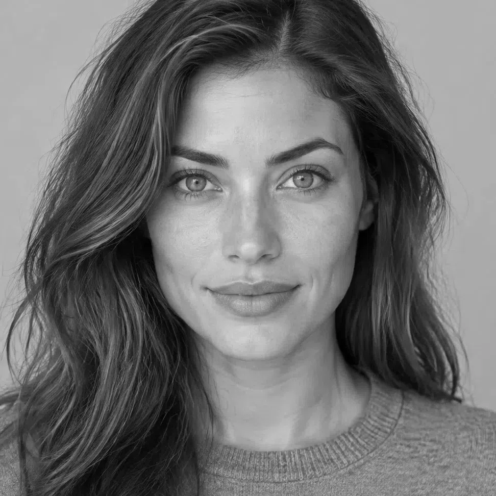 The light olive Bright Spring portrait in grayscale, her hair far darker than her skin