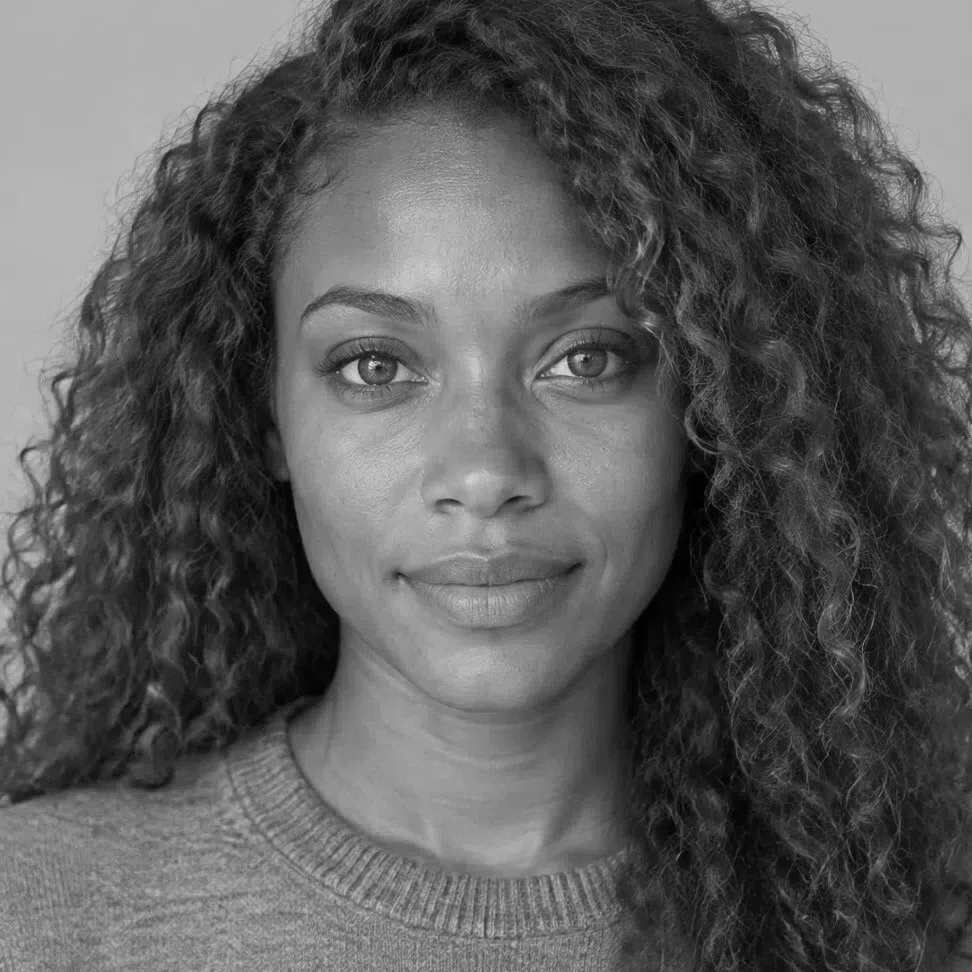 A deep-complexion Bright Spring in grayscale, auburn coils still clearly darker than her skin
