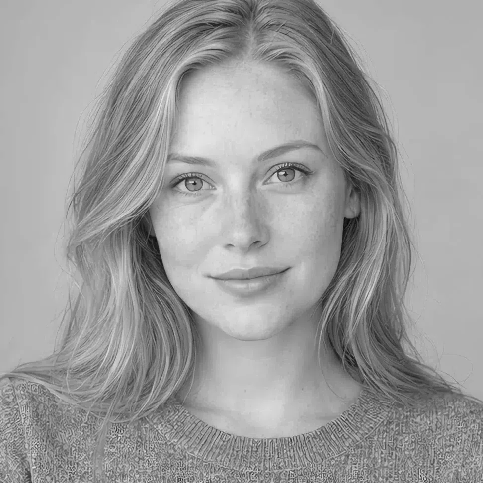 Grayscale portrait of a Light Spring woman, blonde hair barely separated from her skin