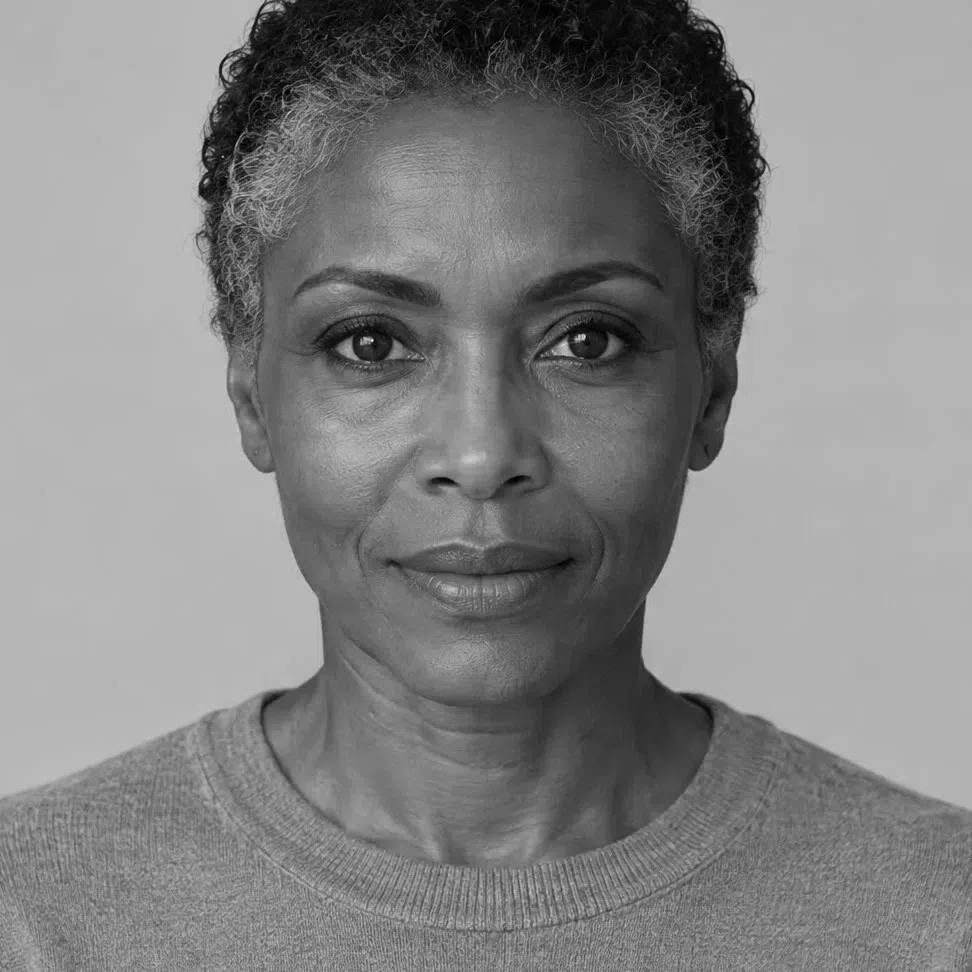Grayscale of the deep brown Cool Winter: black cropped hair with silver, mid-gray skin, bright eye whites