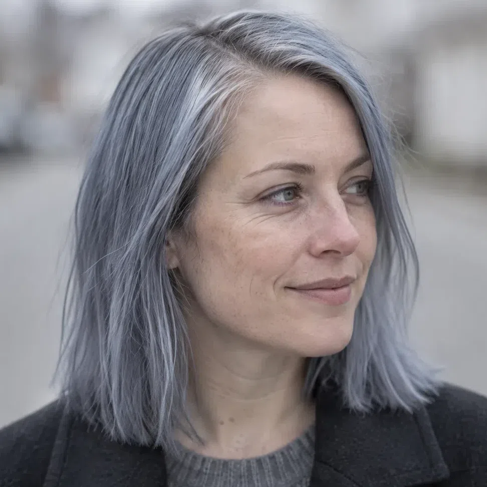 Steel blue-gray hair color on a Cool Summer woman