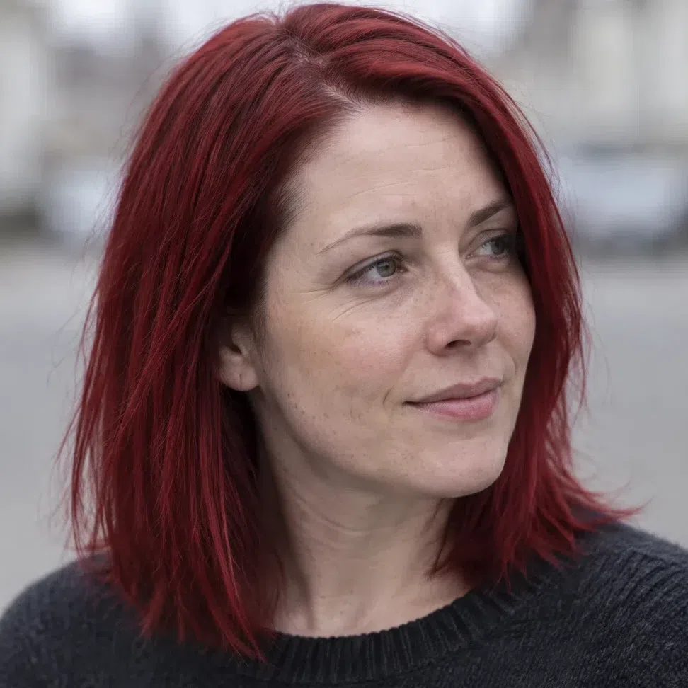 Vivid cherry red hair color on a Cool Summer woman