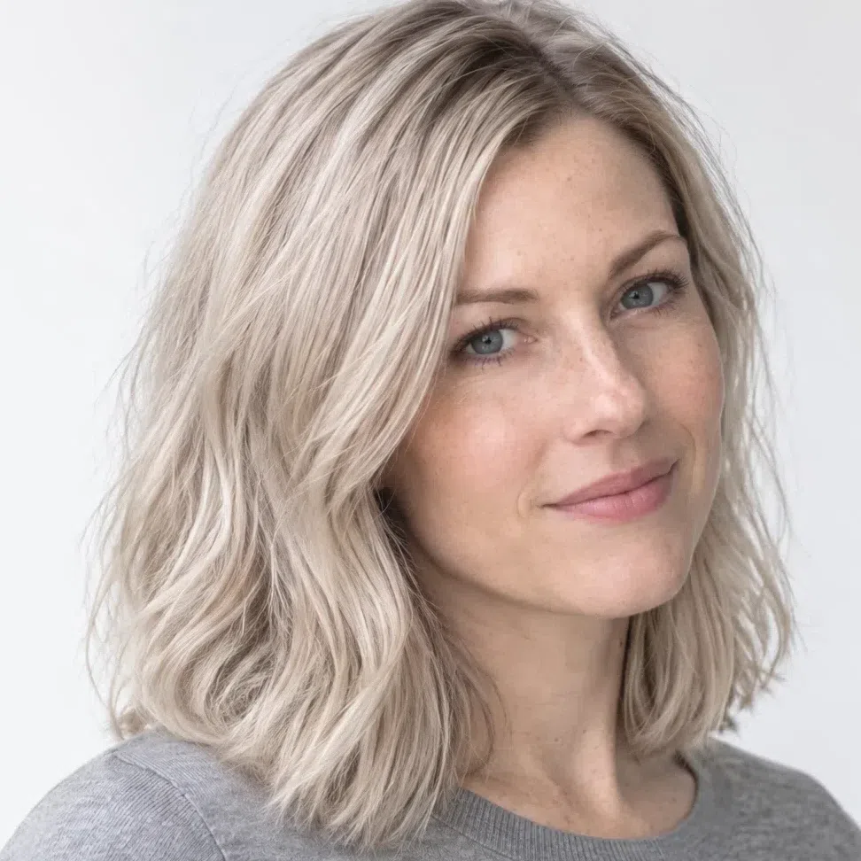 Icy level 10 platinum blonde hair on a fair Cool Summer woman