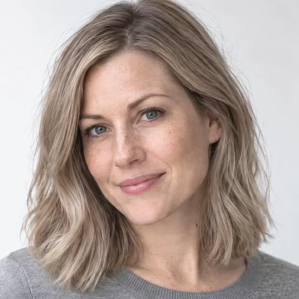 Level 8 cool ash blonde hair on a fair Cool Summer woman
