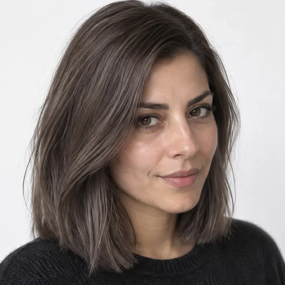 Level 5 smoky ash brown hair on a medium-skinned Cool Summer woman