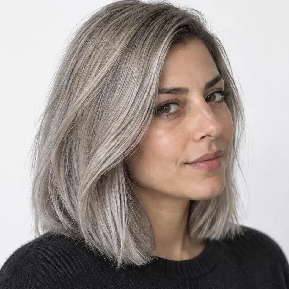 Level 9 cool silvery ash blonde hair on a medium-skinned Cool Summer woman