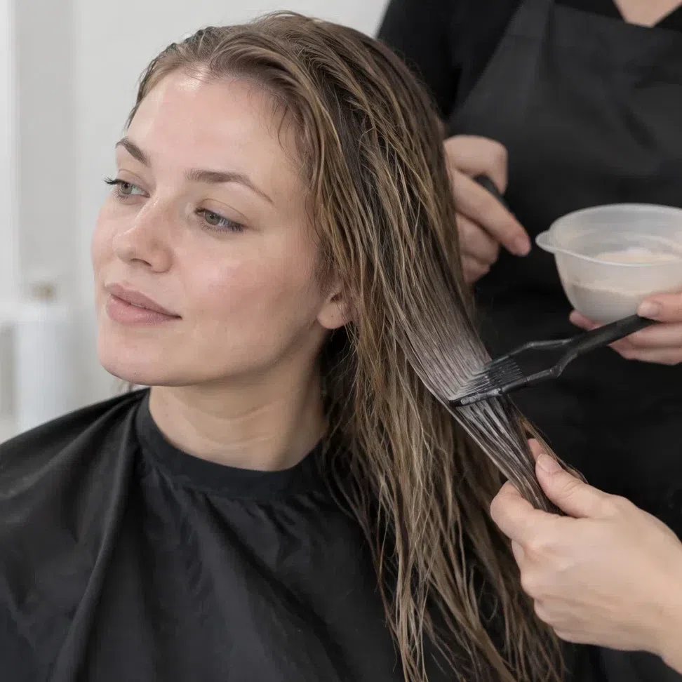 A colorist combing a clear cool gloss through the mid-lengths in a salon