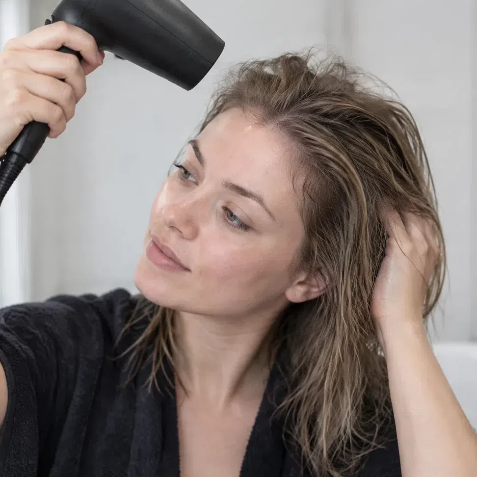 Drying the roots with the dryer held away from the mid-lengths and ends