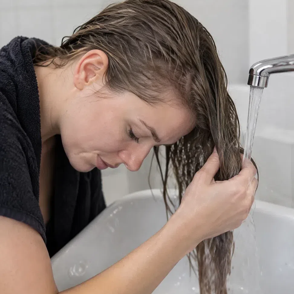 Rinsing colored hair under cool running water with no steam