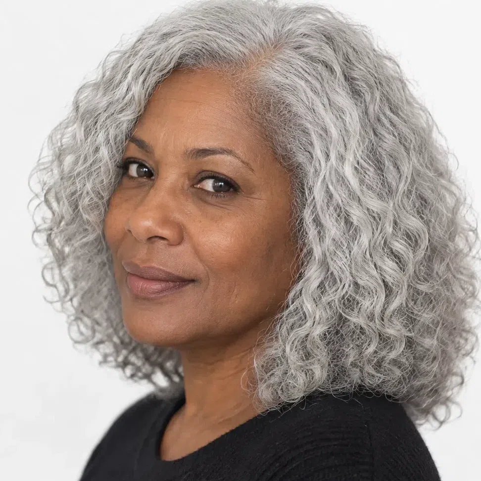 Fully silver hair, toned clean and cool, on a deep-skinned Cool Summer woman