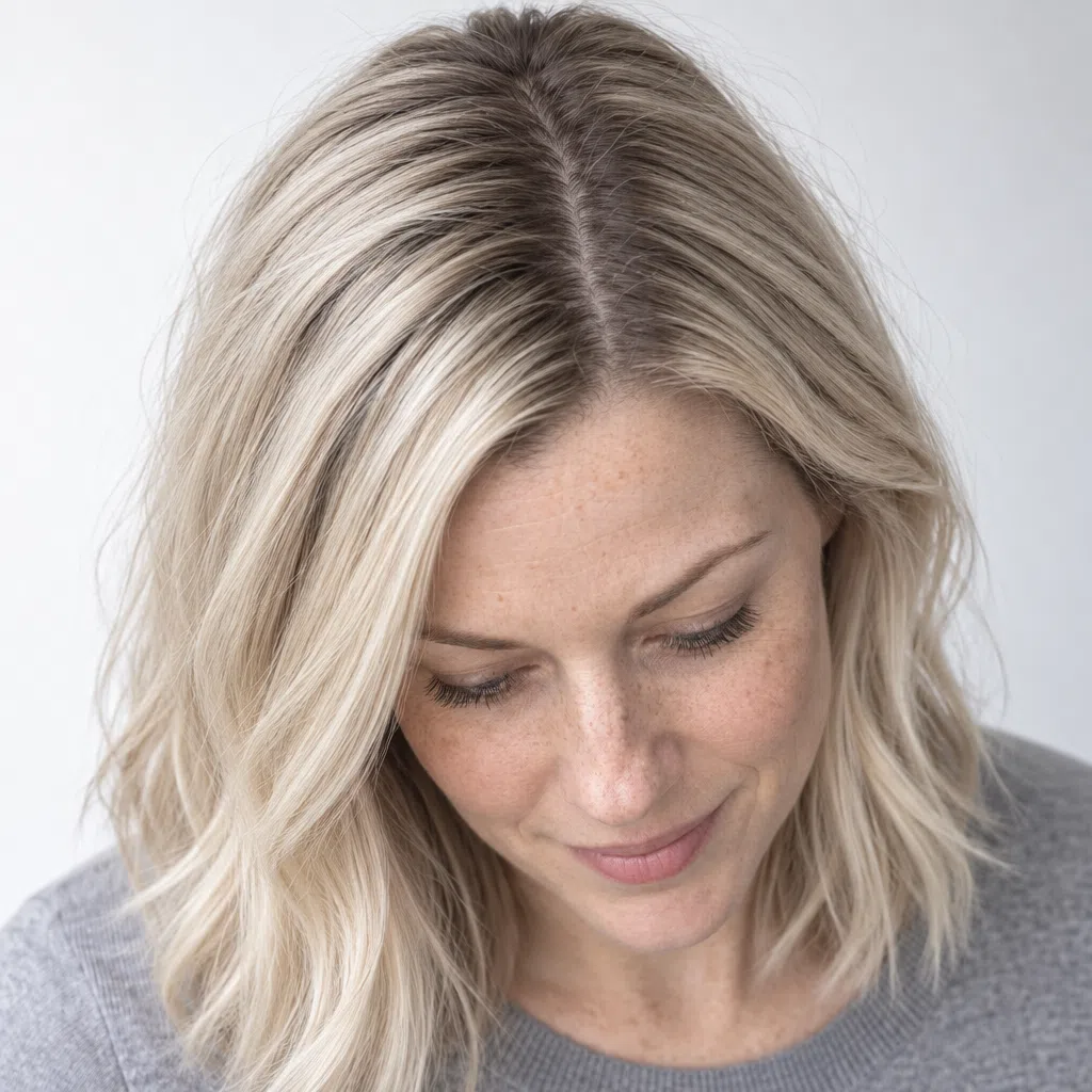 Level 6 cool brown regrowth against an icy platinum length, a dark band along the parting