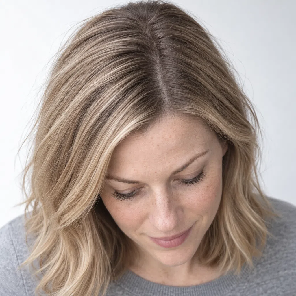 Level 6 cool brown regrowth against level 8 ash blonde, a soft shadow along the parting
