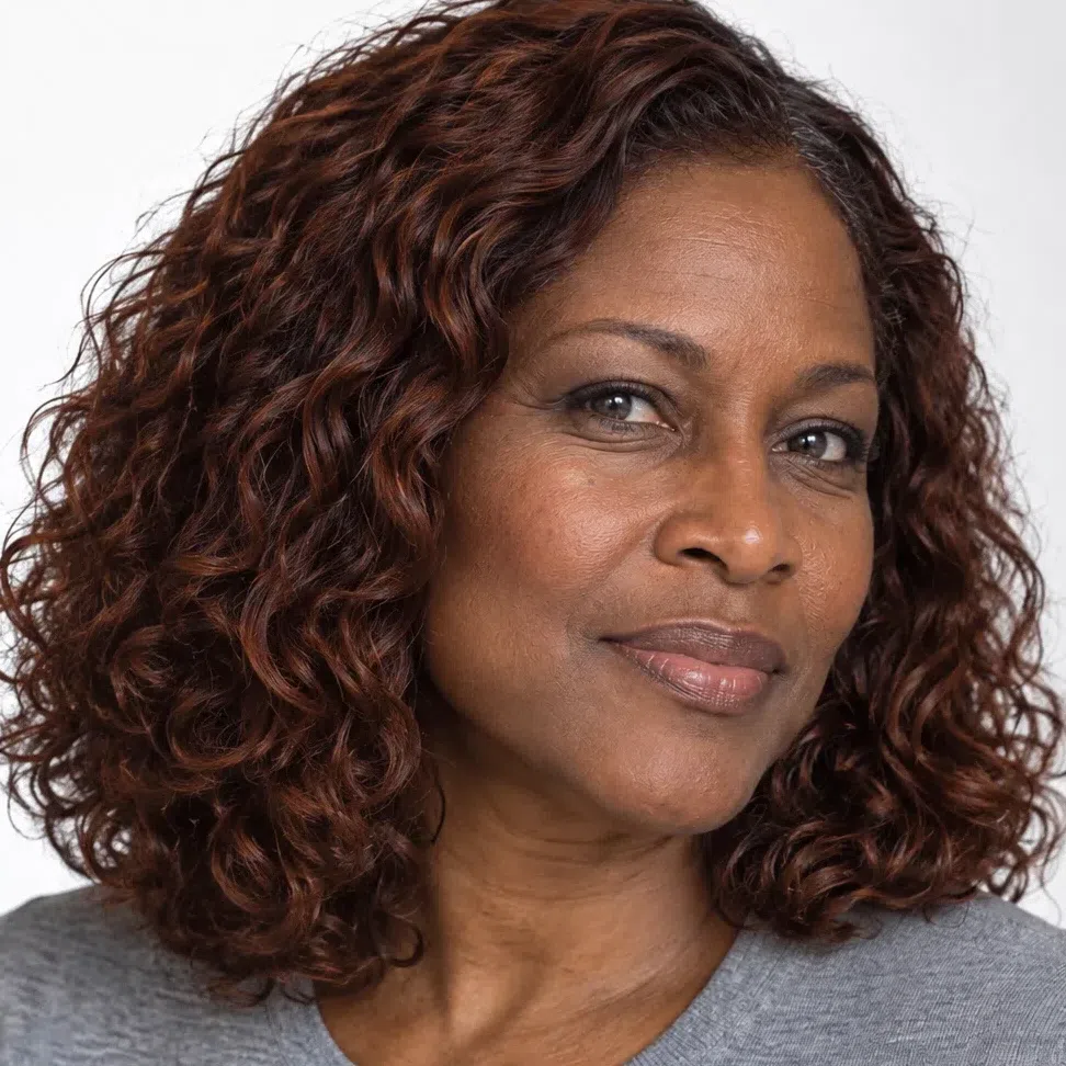 Level 4 dark copper hair color on a deep-skinned Cool Summer woman