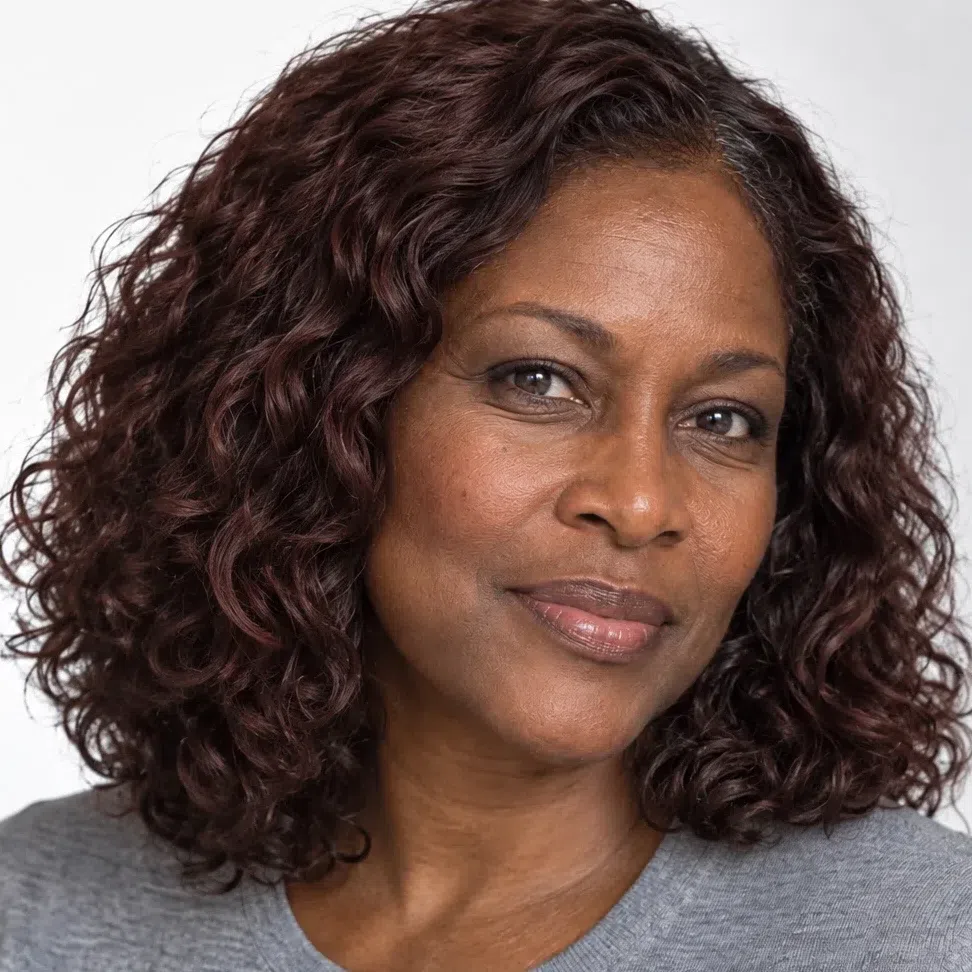 Level 4 rosewood hair color on a deep-skinned Cool Summer woman