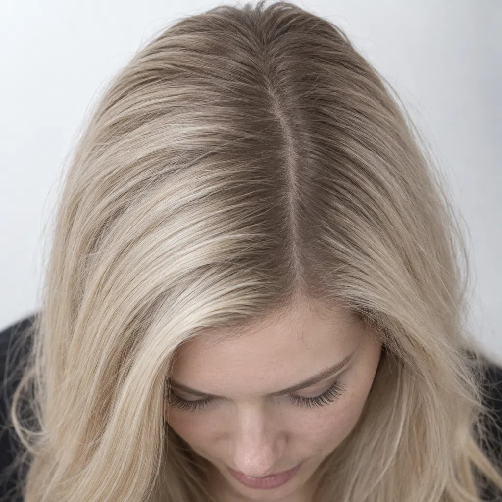 Level 9 ash blonde grown out flat, a solid band of natural regrowth along the parting