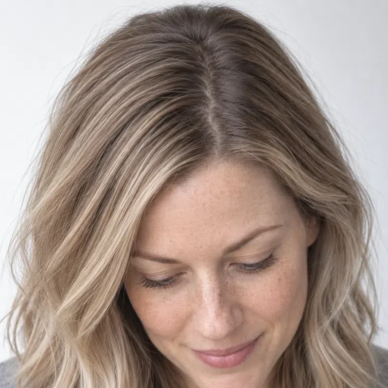 Level 9 ash blonde with a soft root smudge, the natural root melting into the length