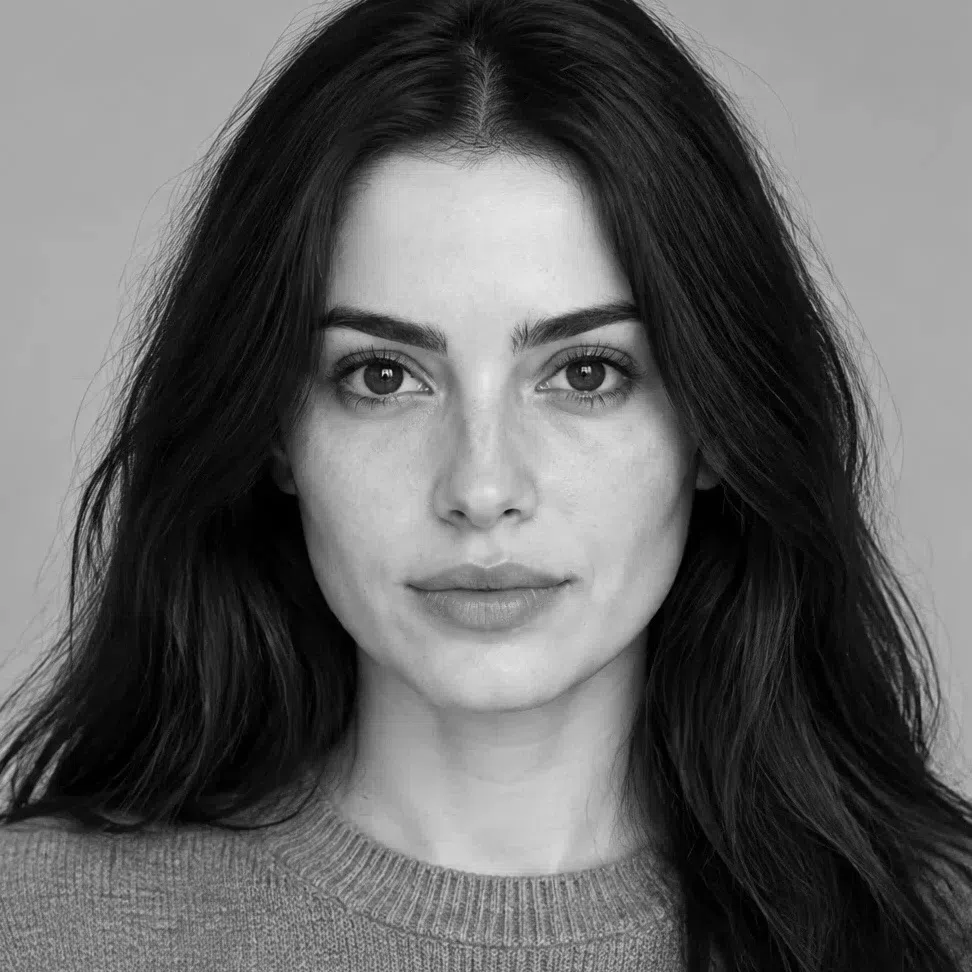 Grayscale of the fair Deep Winter - near-black hair set against light gray skin