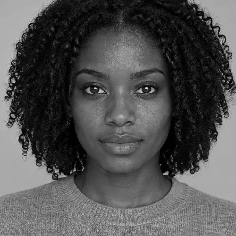 Grayscale of the deep brown Deep Winter - black coils, mid-gray skin and bright eye whites