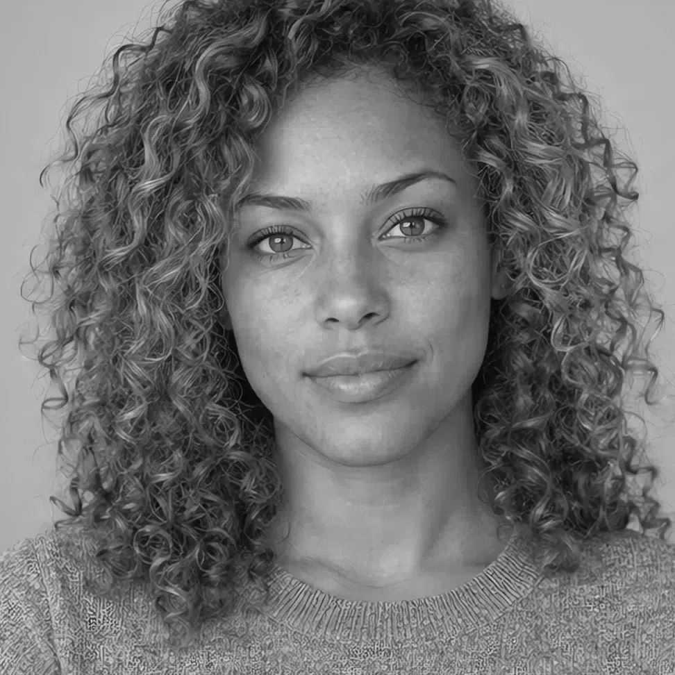 A deep-complexion Light Spring in grayscale - golden chestnut curls close in tone to her skin