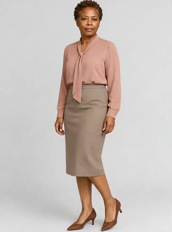 Antique rose silk blouse with a mushroom pencil skirt, Deep complexion