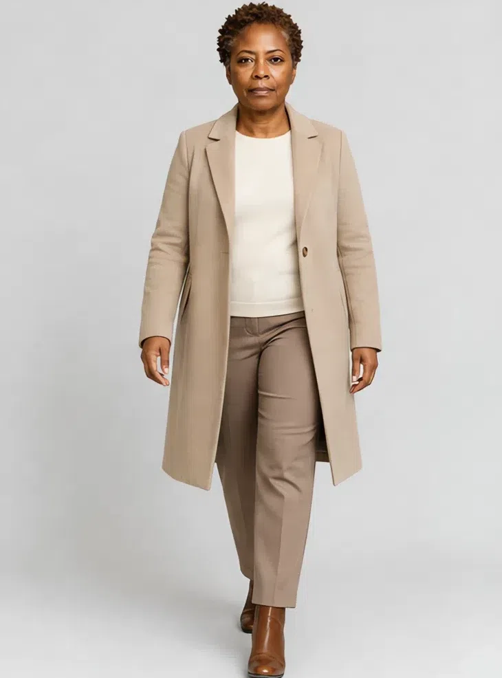 Sand wool coat over a cream knit and mushroom trousers, Deep complexion