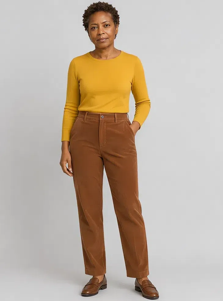 Cinnamon corduroy trousers with a mustard knit, Deep complexion