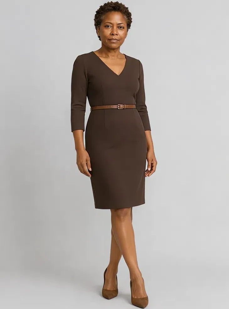 Espresso sheath dress with a slim belt, Deep complexion