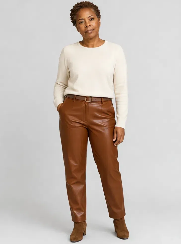 Russet leather trousers with a cream knit tucked in, Deep complexion