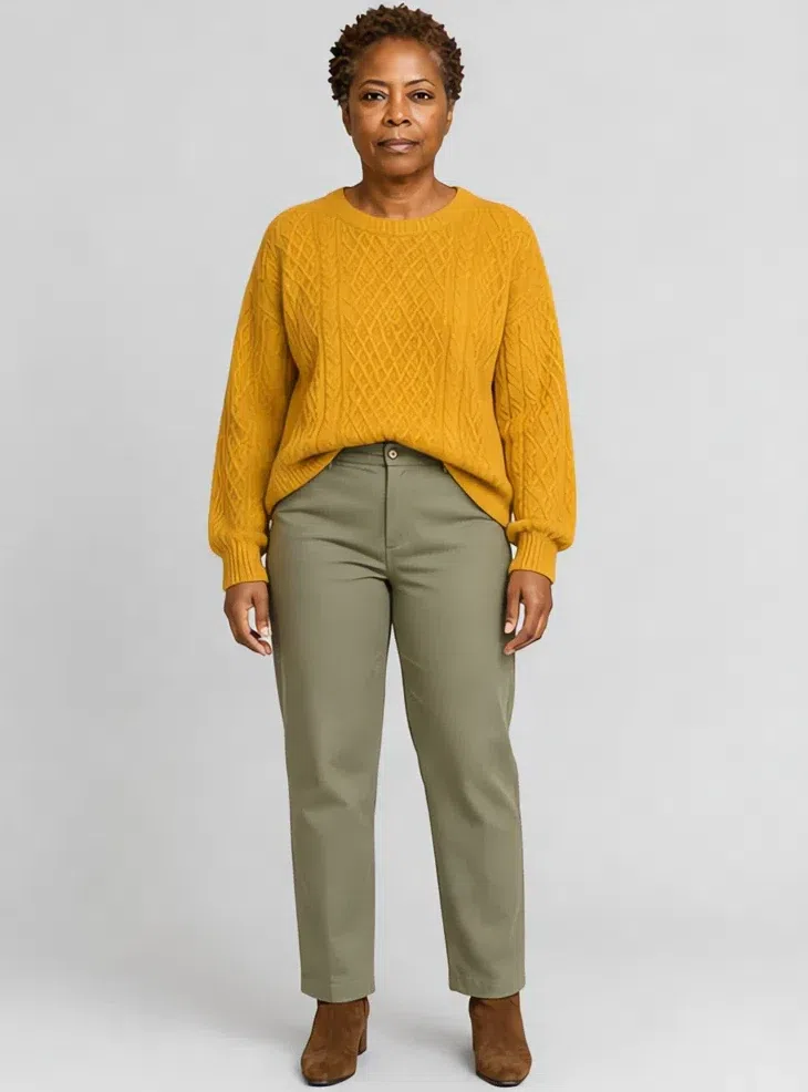 Mustard merino sweater with moss-green trousers, Deep complexion