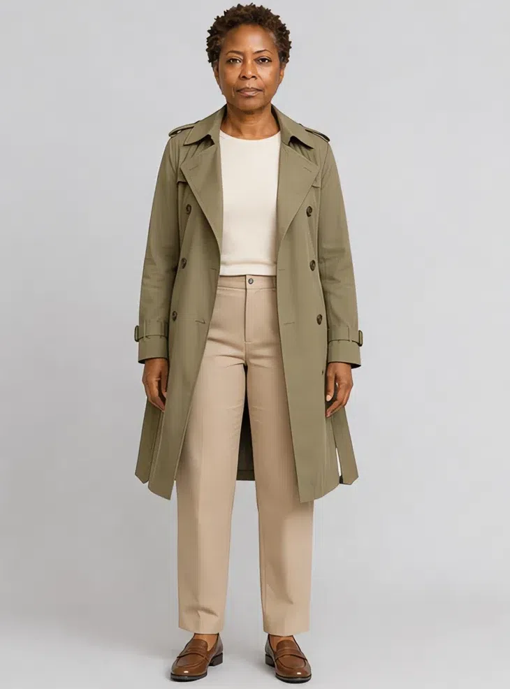 Wormwood cotton trench over sand trousers, Deep complexion