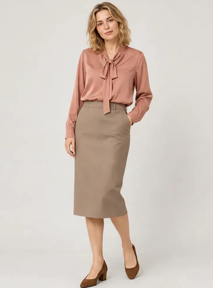 Antique rose silk blouse with a mushroom pencil skirt, Fair complexion