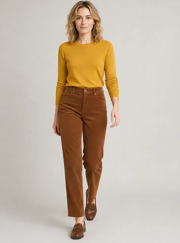 Cinnamon corduroy trousers with a mustard knit, Fair complexion