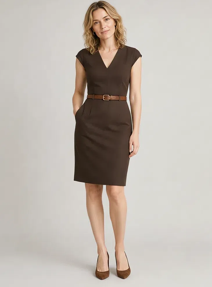 Espresso sheath dress with a slim belt, Fair complexion