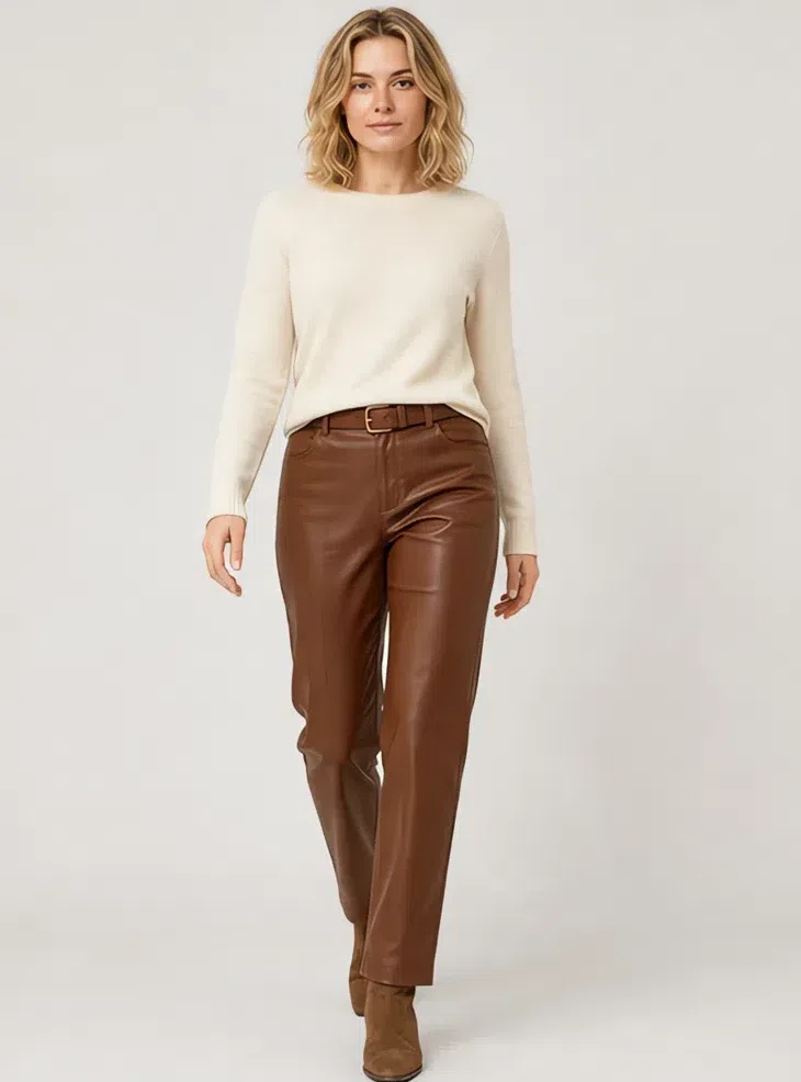 Russet leather trousers with a cream knit tucked in, Fair complexion