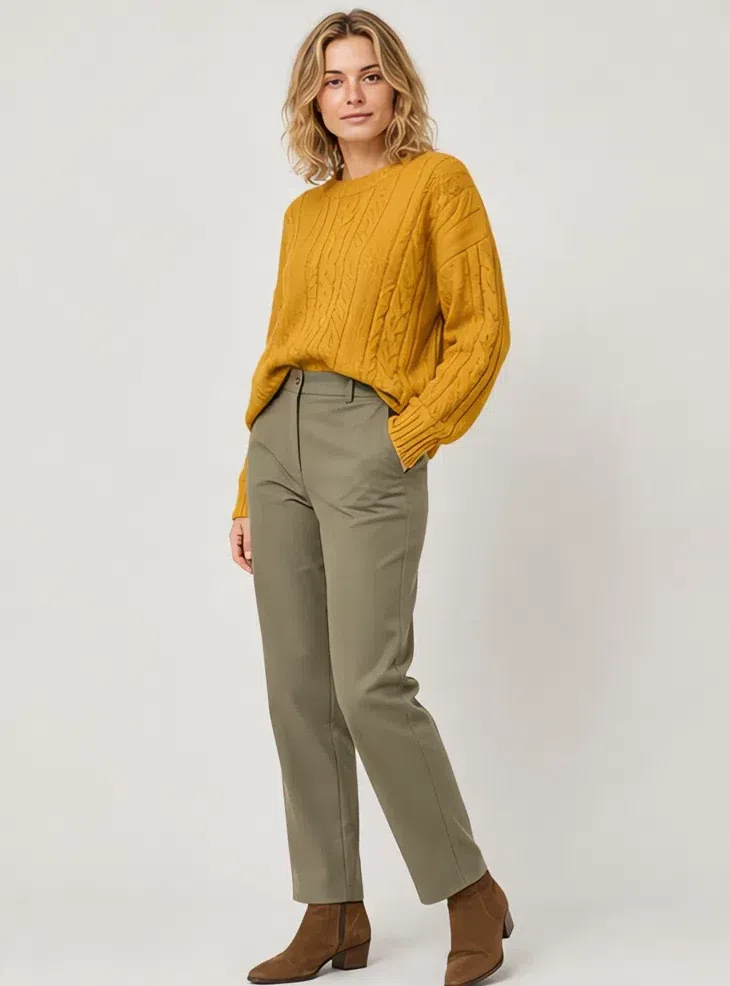 Mustard merino sweater with moss-green trousers, Fair complexion