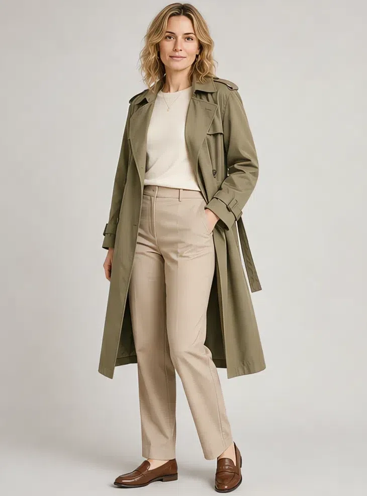 Wormwood cotton trench over sand trousers, Fair complexion
