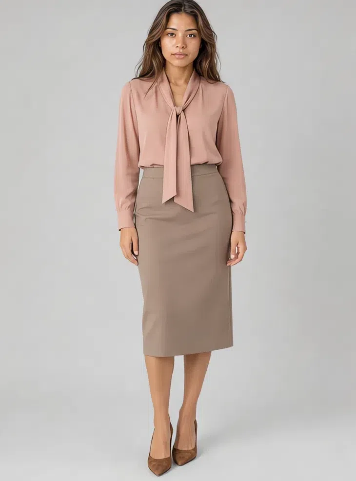 Antique rose silk blouse with a mushroom pencil skirt, Medium complexion