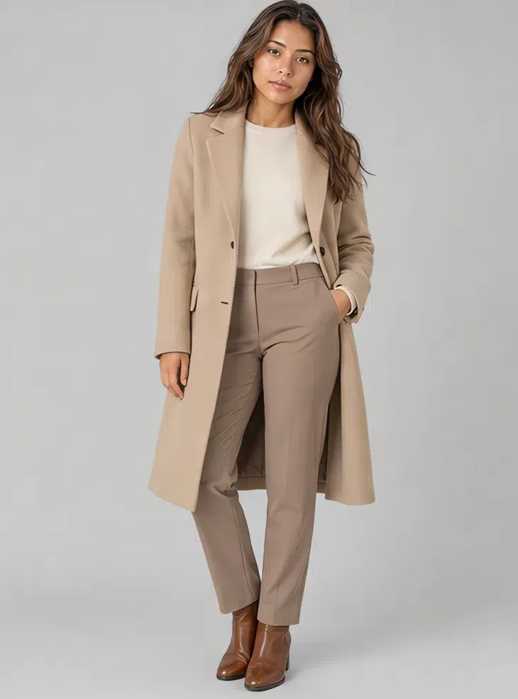 Sand wool coat over a cream knit and mushroom trousers, Medium complexion