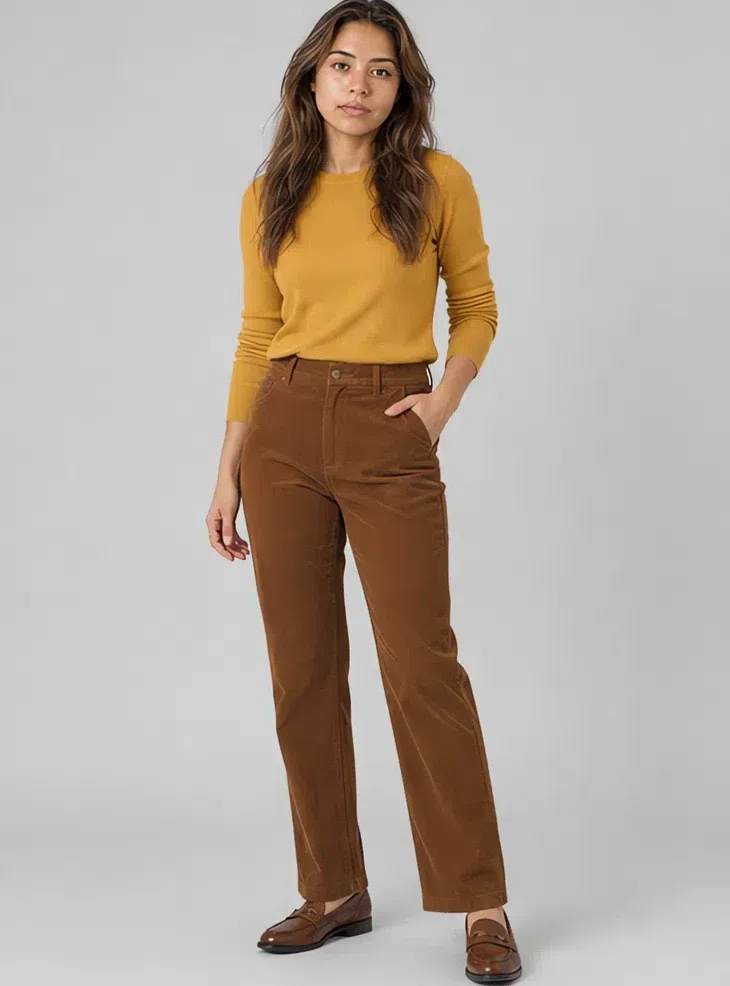 Cinnamon corduroy trousers with a mustard knit, Medium complexion