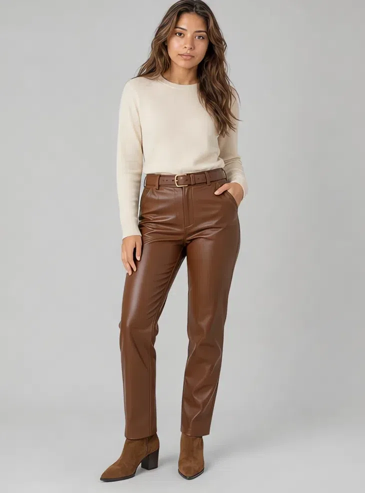 Russet leather trousers with a cream knit tucked in, Medium complexion