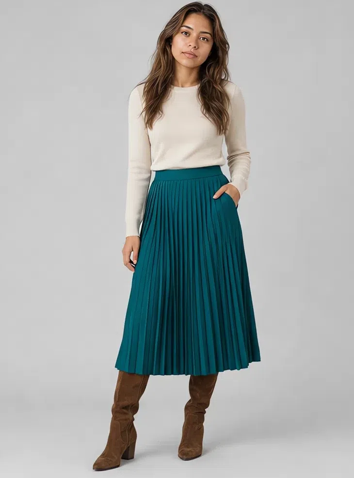 Teal pleated midi skirt with a cream top, Medium complexion