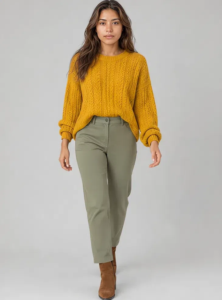 Mustard merino sweater with moss-green trousers, Medium complexion