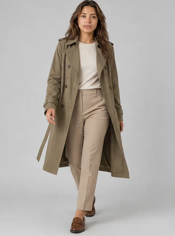 Wormwood cotton trench over sand trousers, Medium complexion