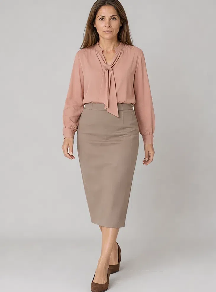 Antique rose silk blouse with a mushroom pencil skirt, Light complexion