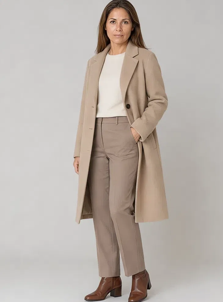 Sand wool coat over a cream knit and mushroom trousers, Light complexion