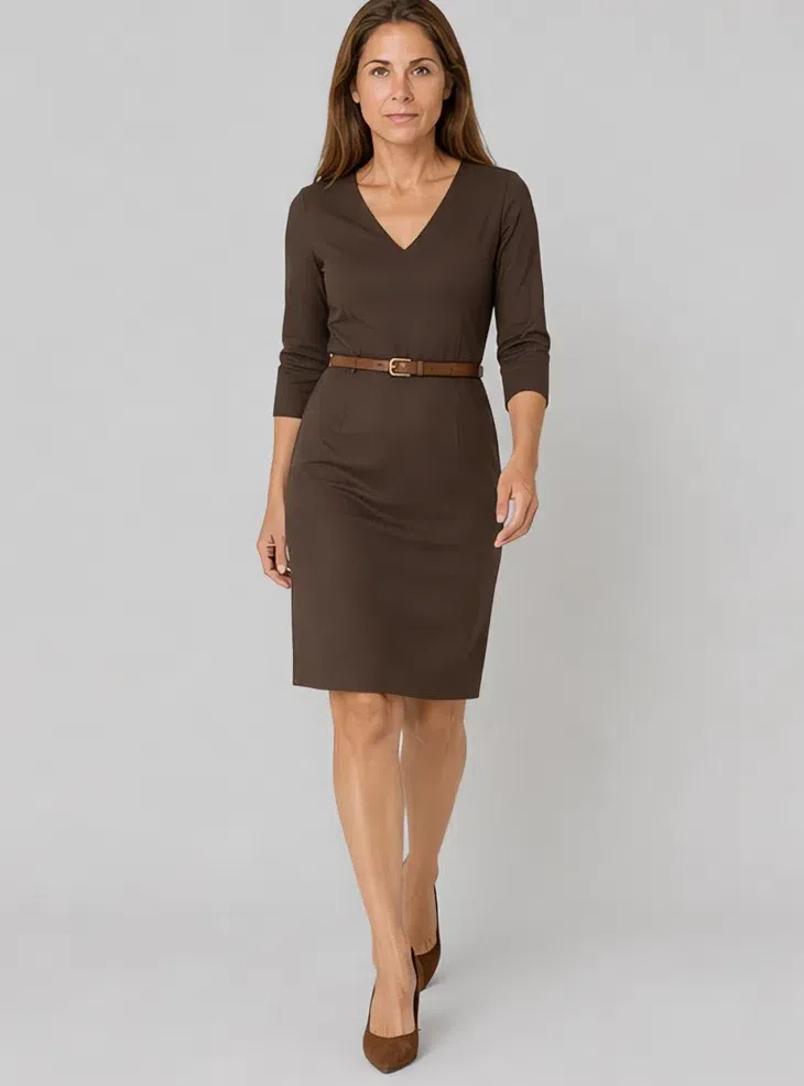 Espresso sheath dress with a slim belt, Light complexion