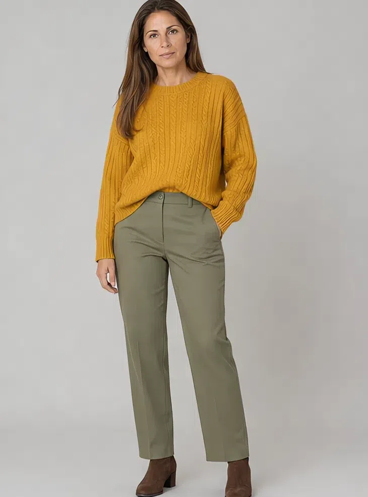 Mustard merino sweater with moss-green trousers, Light complexion