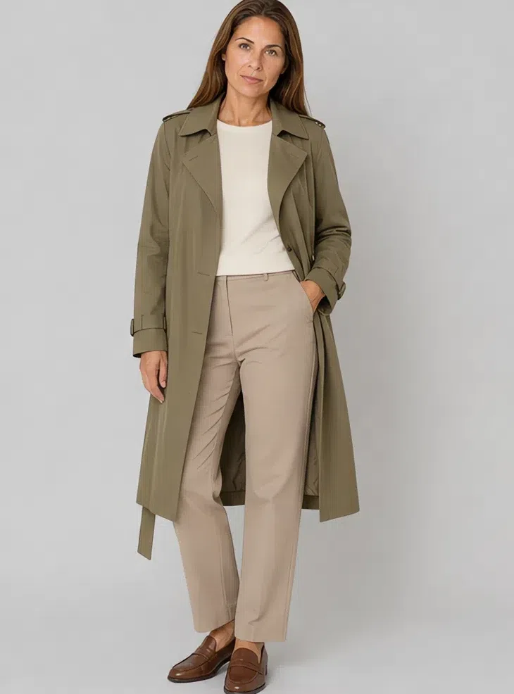 A Soft Autumn woman with olive skin in a gray-olive cotton trench over pale trousers