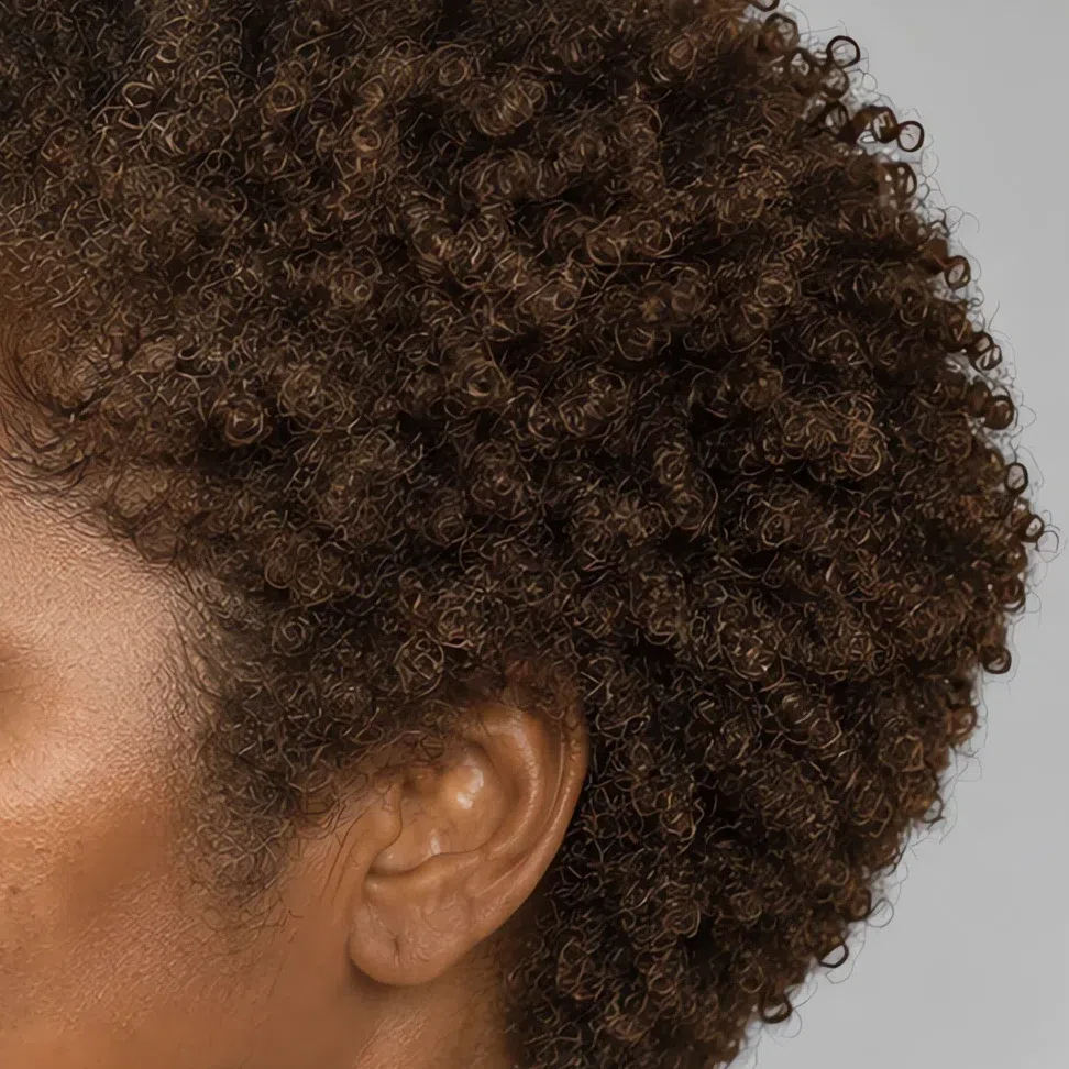 Short chocolate-brown coily hair beside deep brown skin