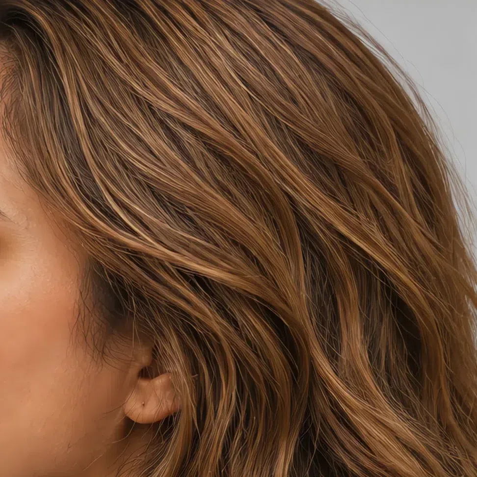 Soft caramel brown hair beside a light cheek